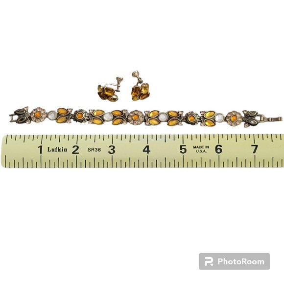 Vintage Heirloom Golden Sunflower Gemstone Bracelet and Screw-back Earrings Set - Picture 5 of 7